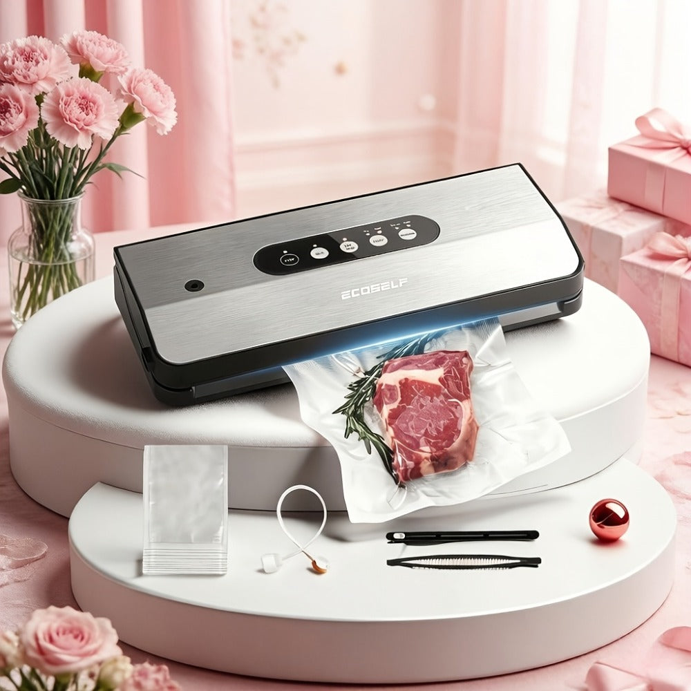 Vacuum Sealer Machine 8-in-1 ¨C 65Kpa Food Sealer with Cutter, Accessory Hose, 10 Bags Included, Stainless Steel, External Vacuum Port for Food Storage, Sous Vide & Meal Prep