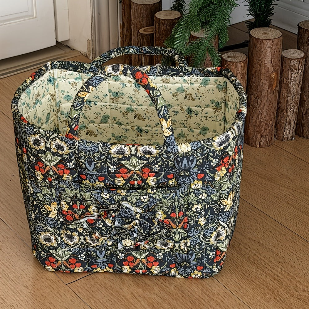 Floral Storage Basket Large Capacity Quilted Vintage Flower Pattern Portable Home Organizer Basket for Shelf Bedroom Closet Living Room Pink Peony Red Marigold Boho Decor