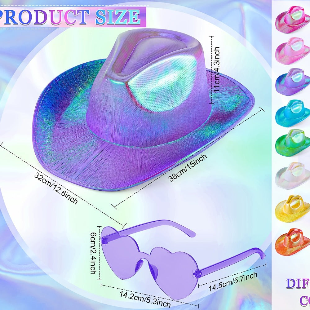 Space Cowgirl Holographic Hat & Rimless Heart Glasses Set 32 Pcs ¨C Sparkly Party Costume Accessories