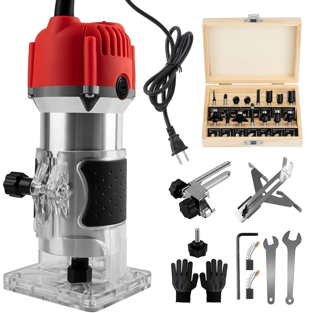 Wood Router 800W Compact Electric Router Tool - 30000 RPM with 15pcs 1/4¡± Router Bits for Woodworking, Trimming, Carving & Engraving