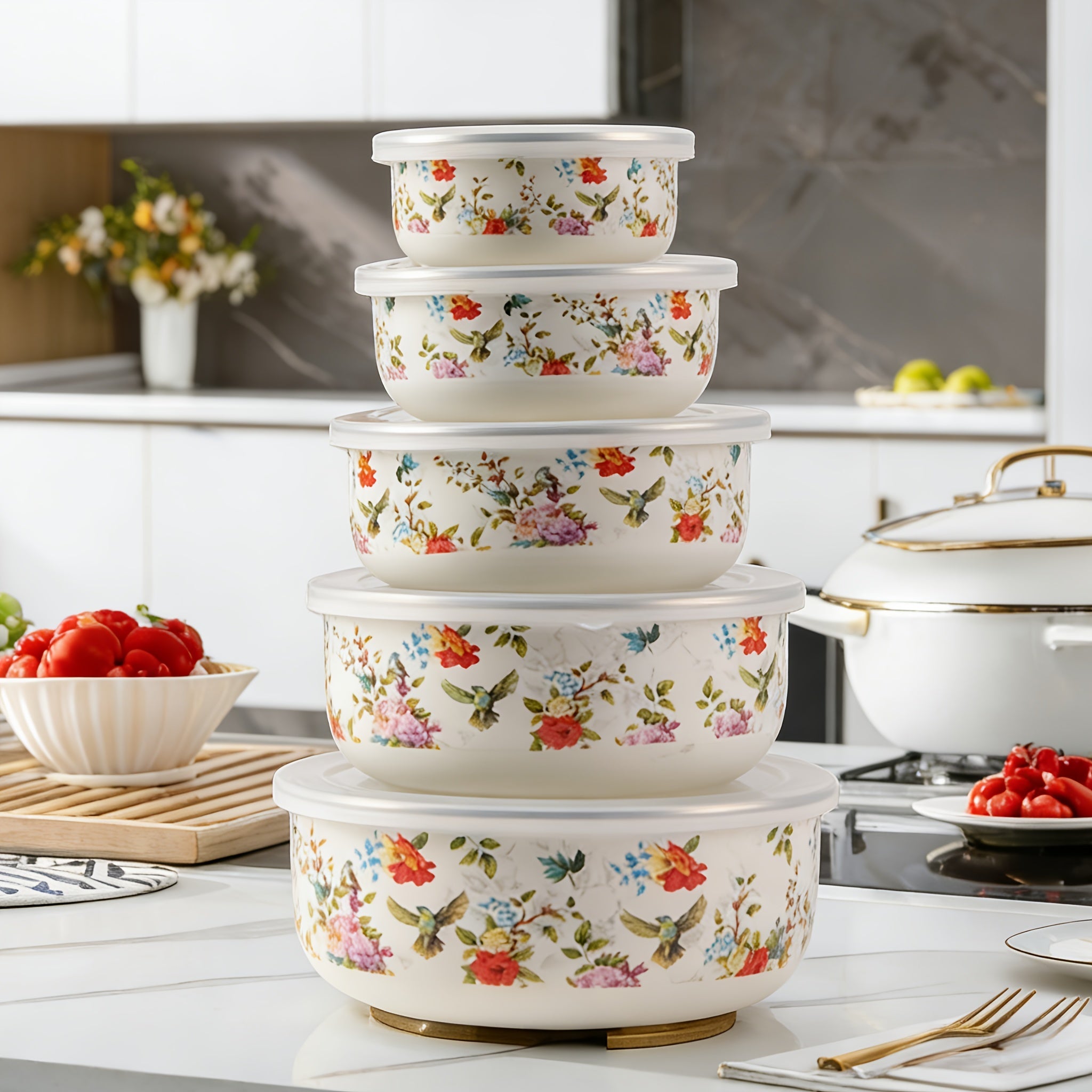 5-Piece Enamel Food Storage Containers Set with Lids - Sealed Lunch Boxes, Noodle Bowls & Refrigerator Preservation Bowls for Kitchen, Office & Camping