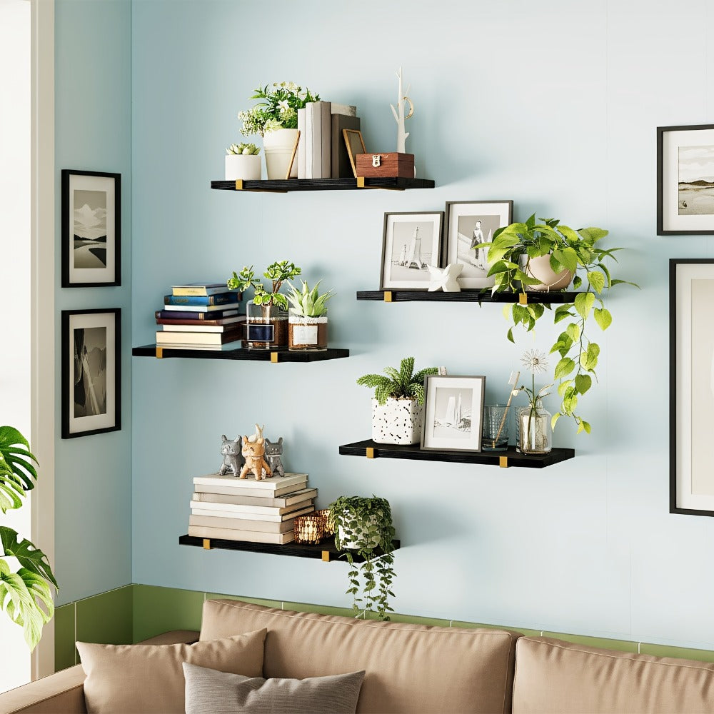 Rustic Floating Shelves Set of 5, 15.8x4.7 Inch Wall Mounted Wooden Shelves for Bedroom Living Room Kitchen Bathroom Office Plant Display