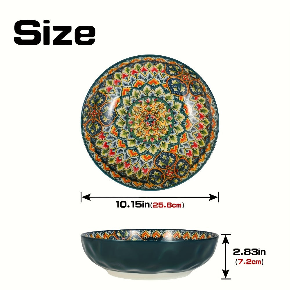 Ceramic Soup Bowl Set 2pcs Bohemian Floral Hand-Painted 25.8cm Microwave Safe Vintage Tableware for Cooking Dining Gift