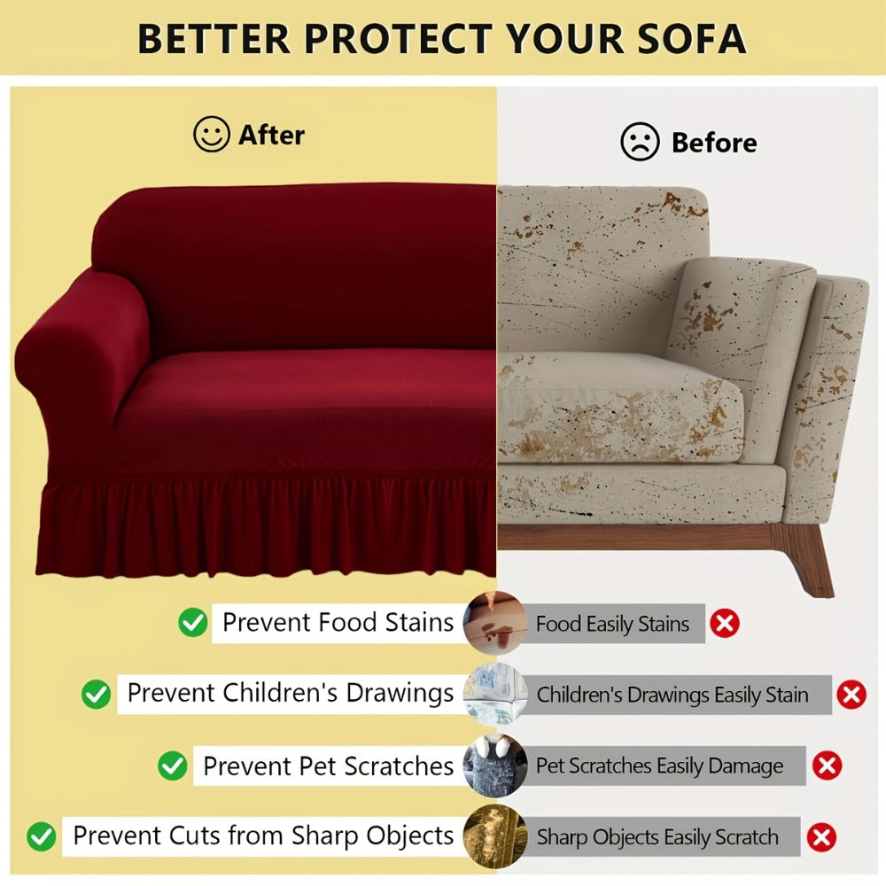 Stretch Sofa Slipcover Lightweight Breathable Elastic Full Cover Skirted Design Anti-Slip Soft Cool Comfort Machine Washable for 3 4 Seater Living Room Furniture Protector