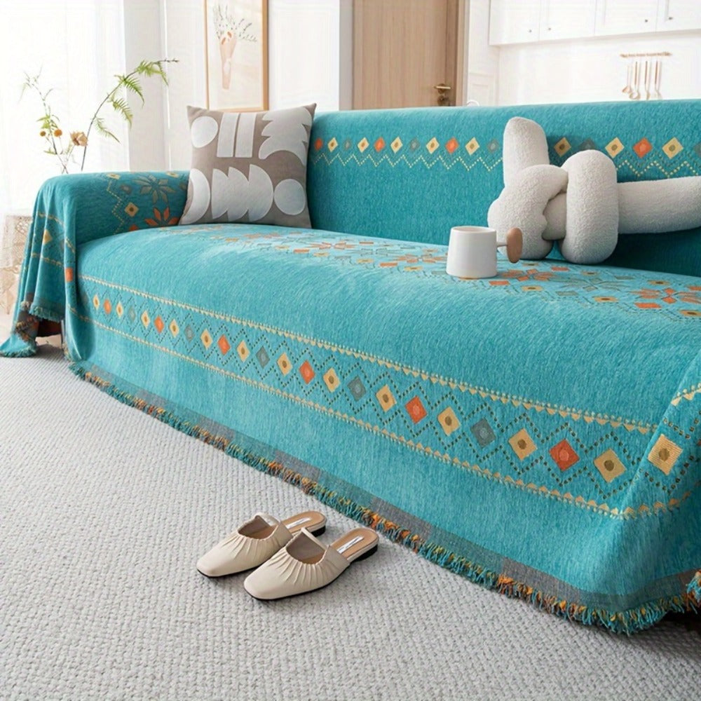 Bohemian Embroidery Chenille Sofa Cover 300GSM - Machine Washable Knit Weave Slipcover for 2 3 4 Seater Sectional Sofa No Padding, 5 Colors