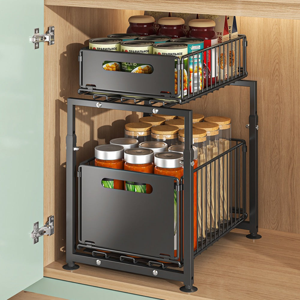 Under Sink Organizer 2-Tier Slide Out ¨C Heavy Duty Metal Cabinet Shelf, Adjustable Space-Saving Storage Rack for Kitchen & Bathroom Cabinets, Pull Out Drawer Organizer