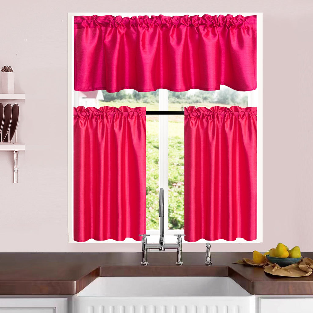 Kitchen Curtains 3 Panels Faux Silk Sheer Tier and Valance Set Rod Pocket 2 Tiers 26x36 inch + Valance 52x14 inch for Kitchen Bathroom Window Drapes