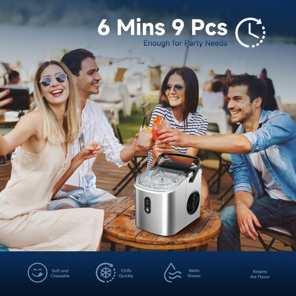 Portable Ice Maker Countertop ¨C Bullet Ice Machine 26-29 Lbs Daily, 9 Ice Cubes in 6 Mins, Self-Cleaning, Quiet Under 45dB, with Handle, Basket & Scoop, for Home, Kitchen, Camping & RV