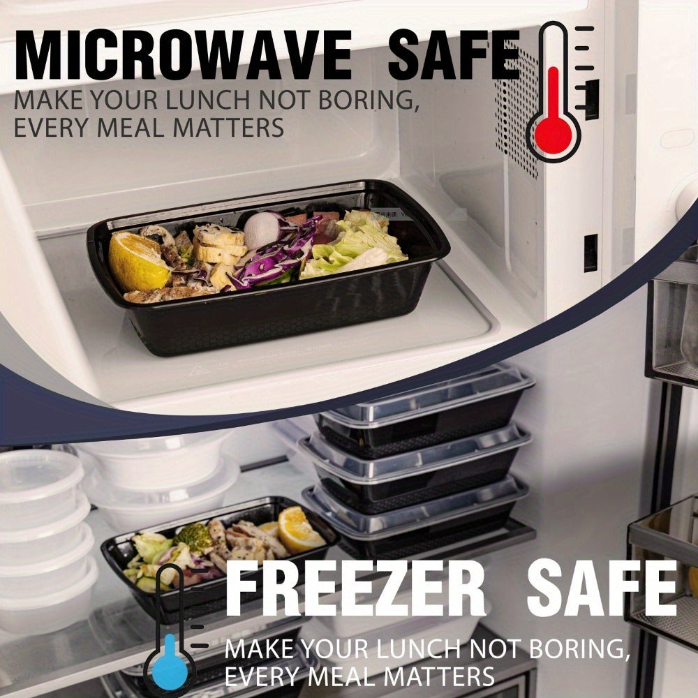 Meal Prep Containers 38oz Black Rectangular Disposable Bento Box Bulk Set - Stackable Leakproof Food Storage with Lids Microwave Dishwasher Freezer Safe for Takeout Catering Picnic Lunch