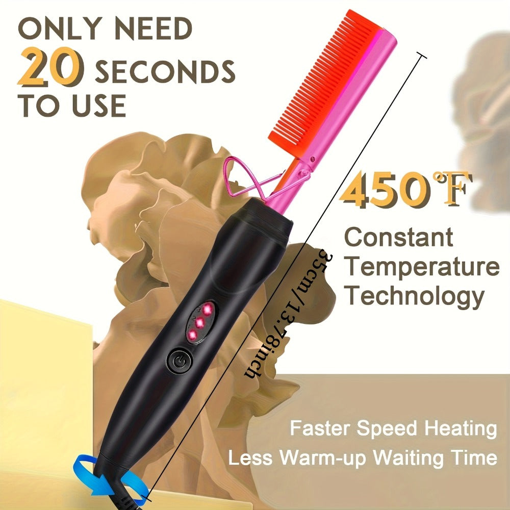 Electric Hot Comb Hair Straightener ¨C 3-in-1 Ceramic Pressing Comb for Natural Hair, Beard & Wigs, Curling & Straightening Iron with Protective Holder, Bonus 2 Clips & 1 Comb, Gift Ready