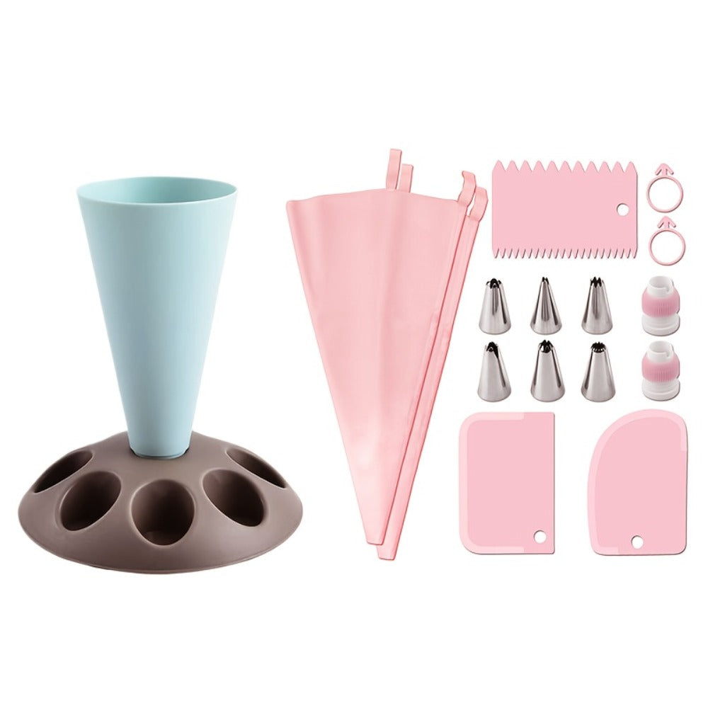 Piping Bag Holder Set 17pcs, Multi-Bag Icing Stand with Various Nozzle Tips for Cake Decorating, Cupcake Frosting, Cookie Decorating, Baking Accessories for Professional and Home Bakers