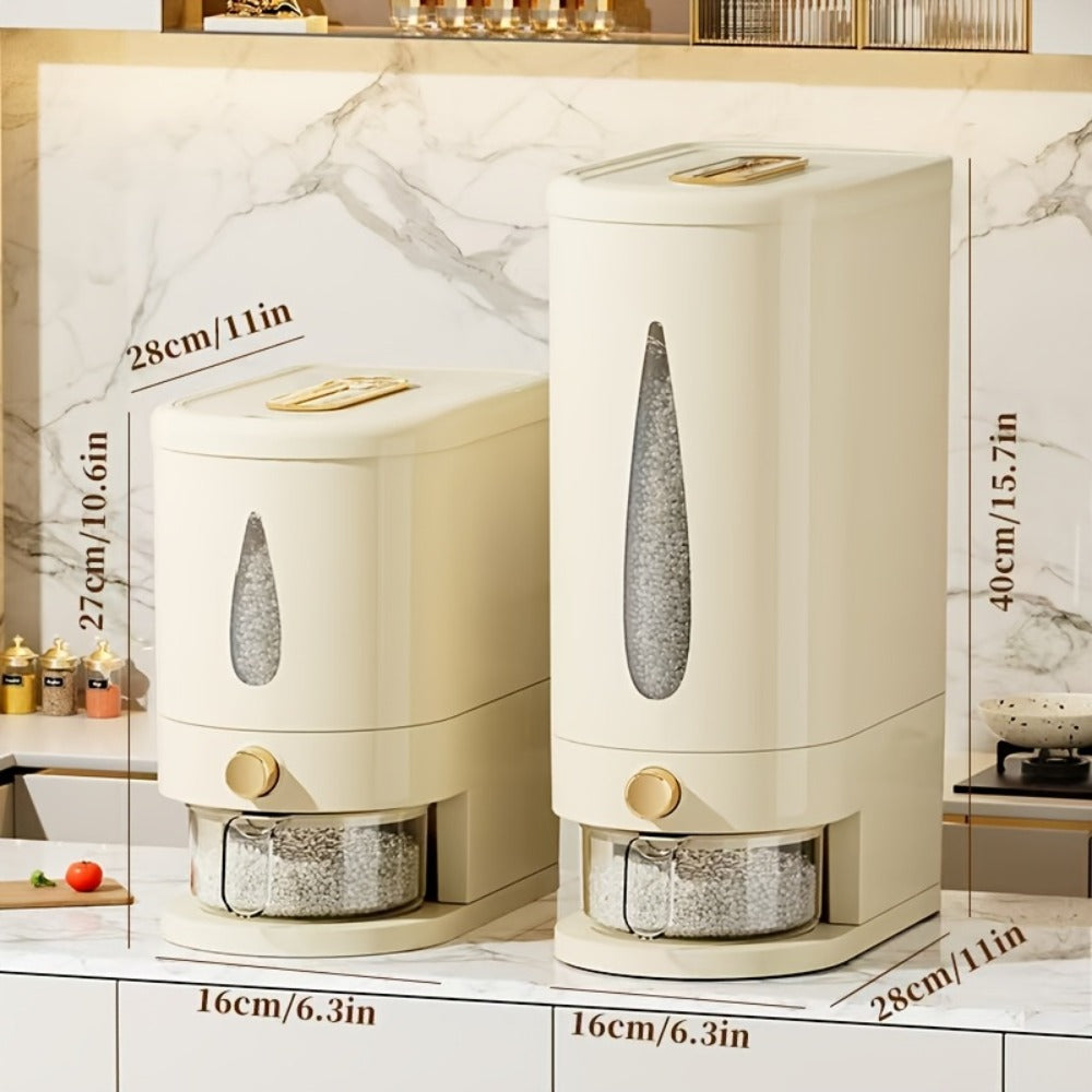 Rice Dispenser Storage Container Press Type Measuring Cup Moisture-Proof Sealed Grain Bin - Large Capacity Airtight Rice Storage Box for Rice Coffee Beans Flour Legumes Pet Food Kitchen Pantry Organizer