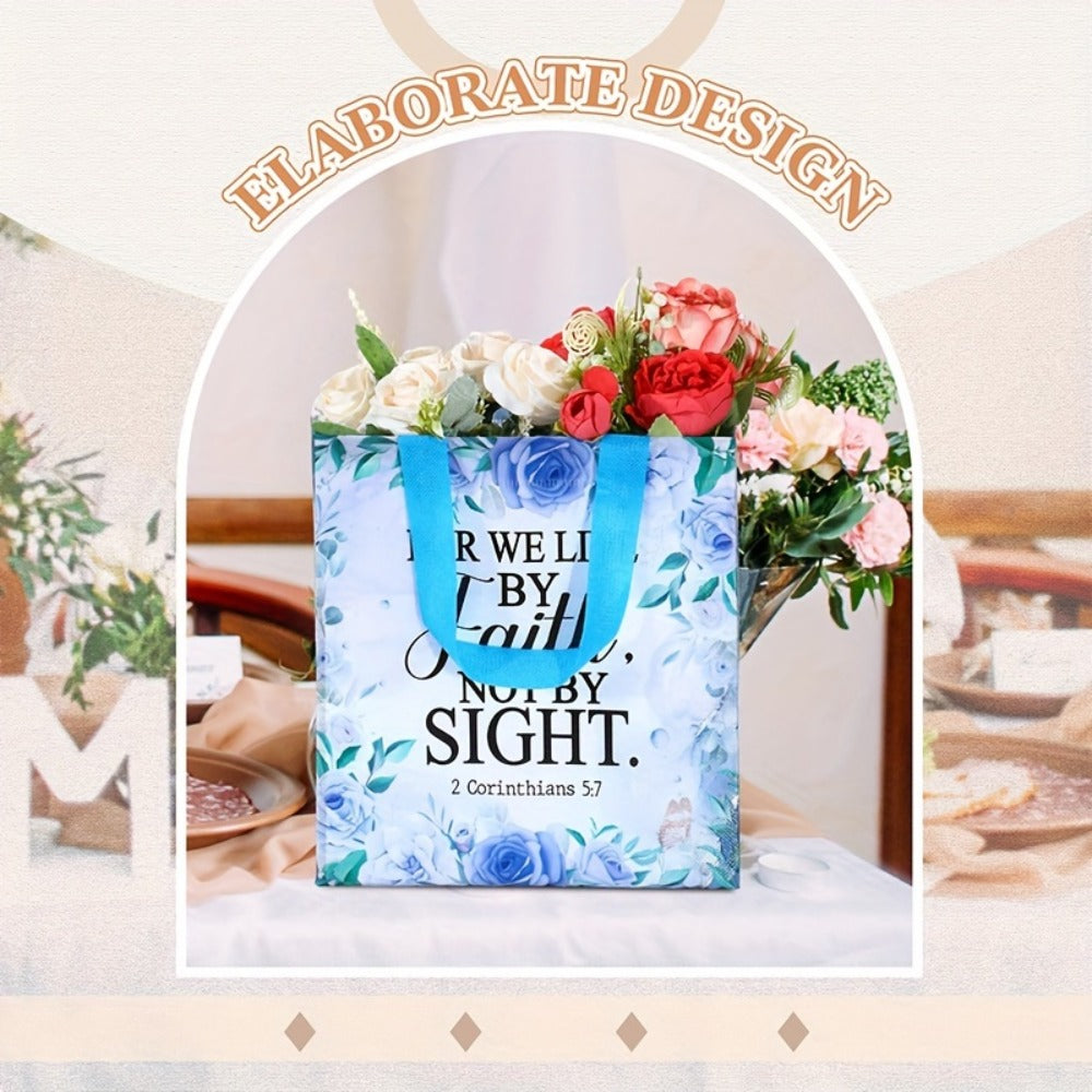 Bible Verse Tote Bags Bulk 32 Pcs Floral Religious Gift Bags with Handles Reusable Non-Woven Inspirational Bags for Christian Baptism Wedding Birthday Church Women Girls Party Favor Bags