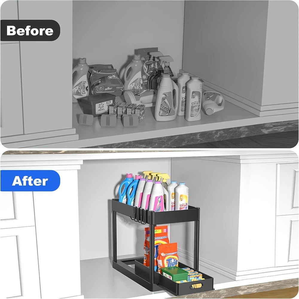 Under Sink Organizer Set of 2 ¨C Dual Tier Sliding Basket Drawers with 8 Hooks Kitchen Bathroom Cabinet Storage