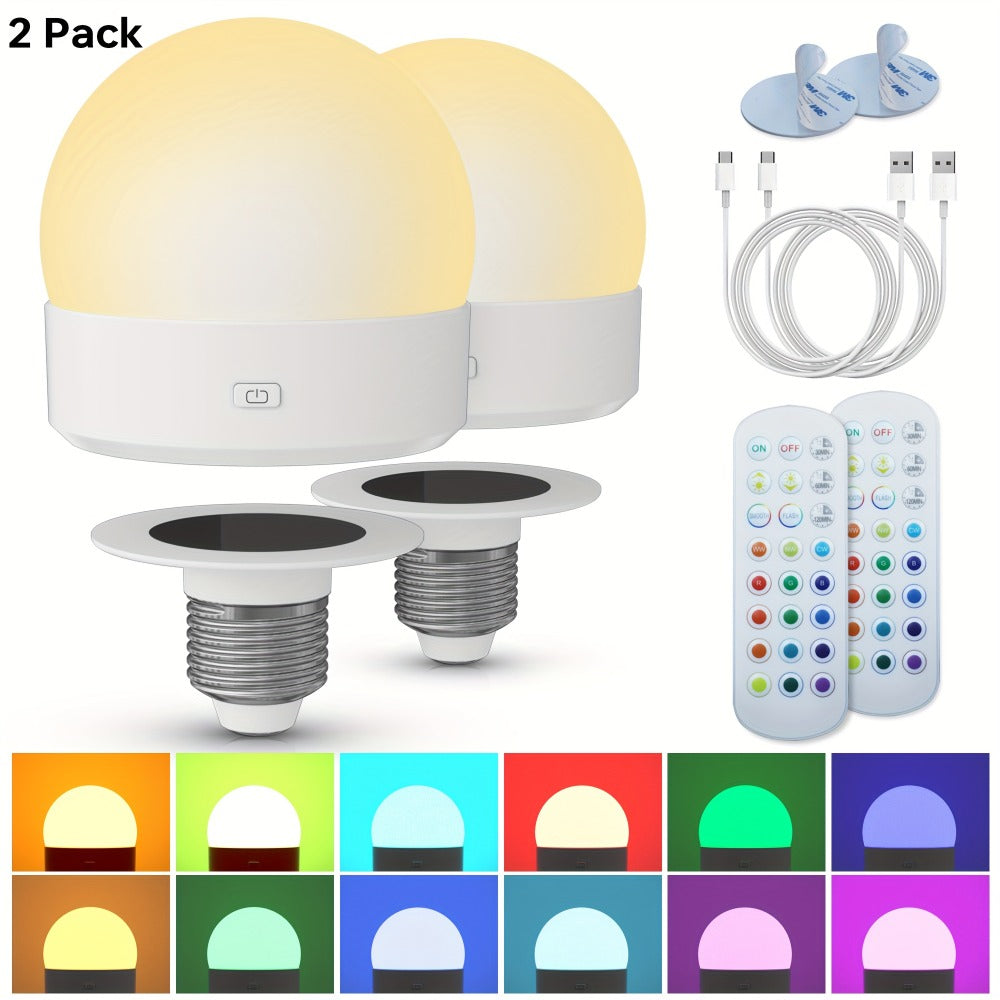 Rechargeable LED Light Bulb E26 3000mAh 400LM with Remote Control ¨C USB Wireless Puck Light, 3 Color Temperatures, 12 RGB Colors, Timer, No Wiring for Lamps Closets Cabinets Indoor Lighting 4 Pack