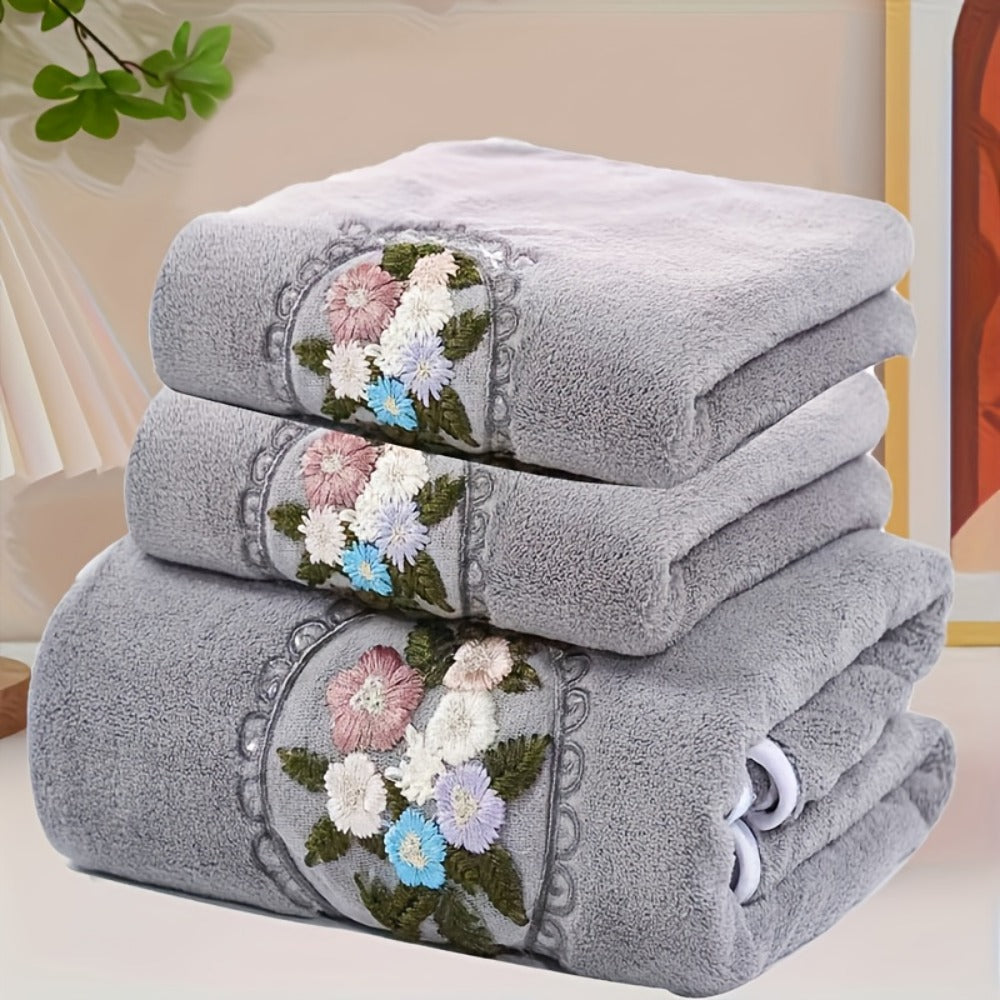 Embroidered Flower Towel Set 3-Piece Soft Absorbent Skin-Friendly Bath Towel and Face Towels for Bathroom Home Bathing Beach