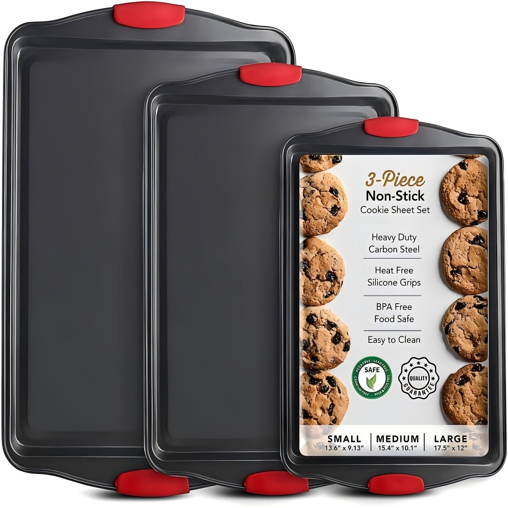 Nonstick Baking Pan Set of 3, Carbon Steel Baking Sheets with Red Silicone Handles, Double-Sided Non-Stick Coating, Oven & Toaster Safe, Professional Bakeware for Home & Commercial Kitchen Use