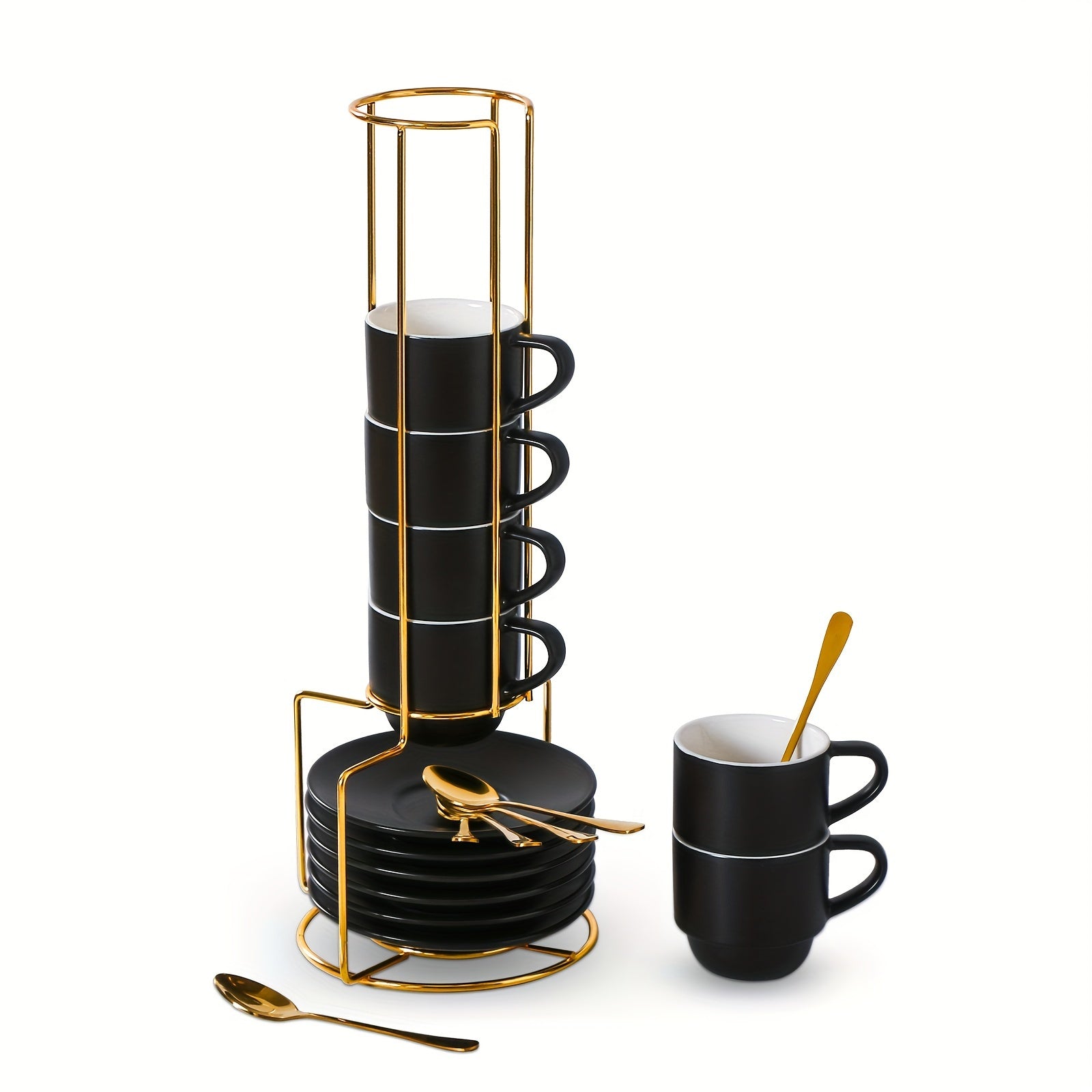 Espresso Cups Set of 6 with Saucers, Spoons & Metal Stand, 4oz Stackable Ceramic Cappuccino Mugs for Double Espresso, Lungo & Afternoon Tea ¨C Matte Black & Matte White
