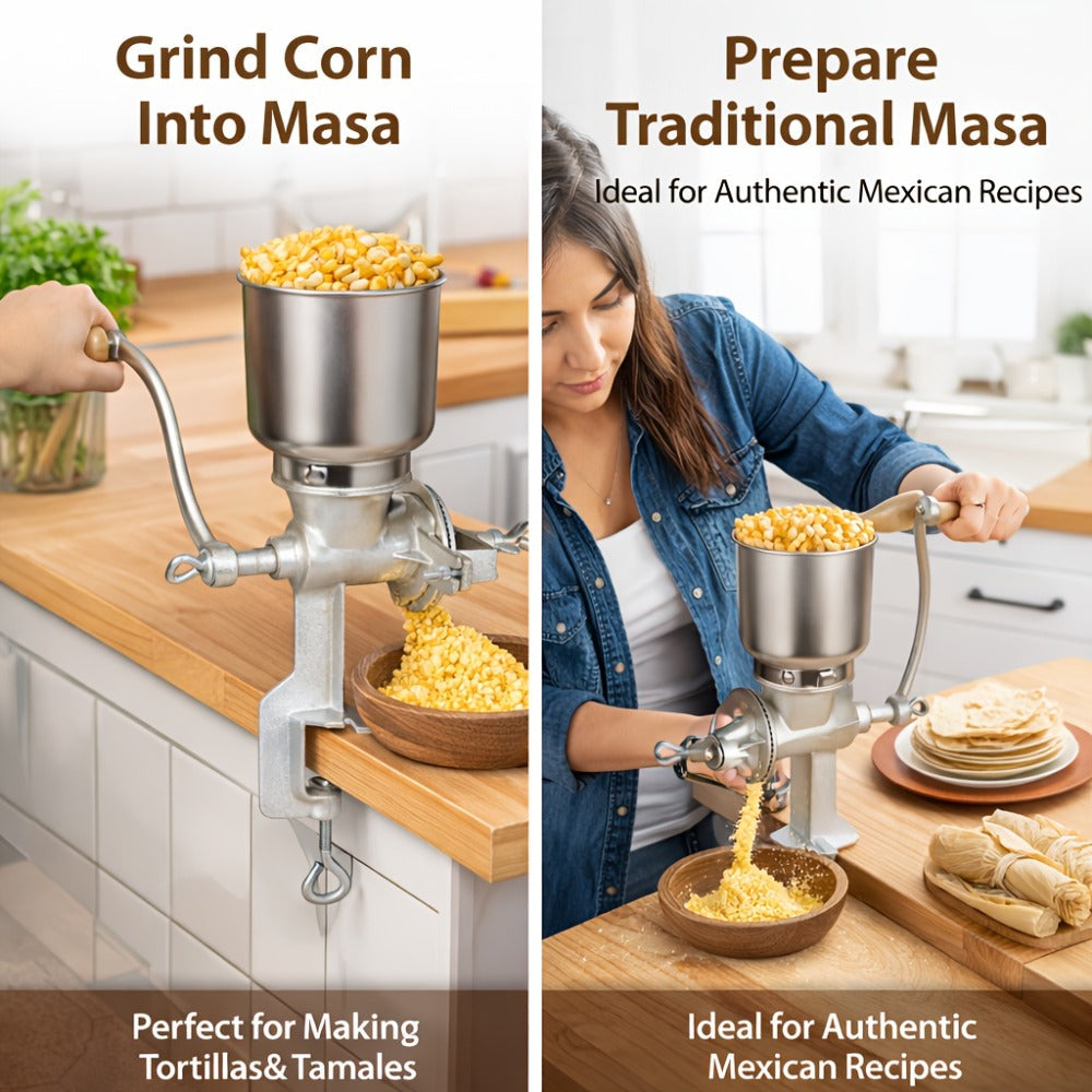 Cast Iron Grain Mill Manual Grain Grinder | Heavy Duty Hand Crank Food Mill | High Hopper with Clamp & Shield | Grinds Nuts Flour Corn Wheat Coffee | Kitchen Manual Grinder