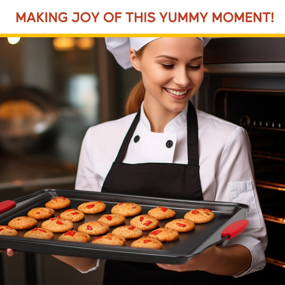 Carbon Steel Nonstick Baking Pan Set 3 or 9pcs Commercial Grade Restaurant Quality Nonstick Inside and Outside Oven Baking Pan with Red Silicone Handle Gray