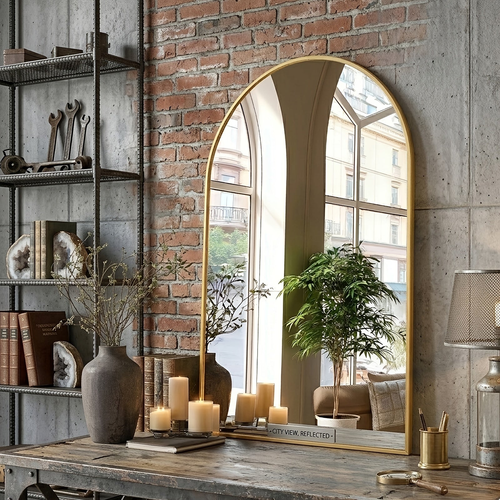 Arched Bathroom Mirror Metal Frame Wall Mounted Vanity Mirror Golden Black
