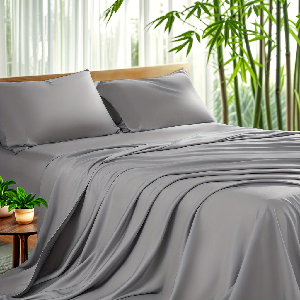 Bamboo Sheet Set 4pcs Cooling Deep Pocket Wrinkle Resistant Bedding All-Season Fitted Flat Sheet 2 Pillowcases Gift Box