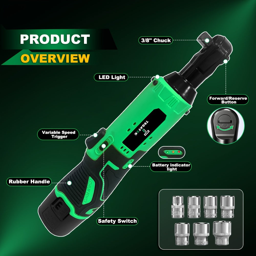 12V Cordless Ratchet Wrench Set 3/8¡± Drive | 40 Ft-lbs Torque, Variable Speed Trigger, Lithium-Ion Battery, 7 Sockets Included