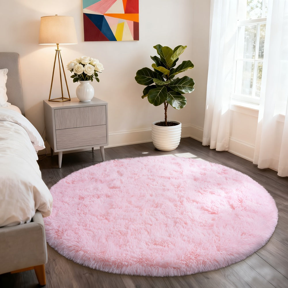 Round Area Rug 6x6ft Ultra Soft Plush with Non-Slip Backing | Light Pink Fluffy Circle Rug for Living Room Bedroom | Hand Washable Indoor Accent Rug for Home Decor Holidays Camping 70.8x70.8 Inch