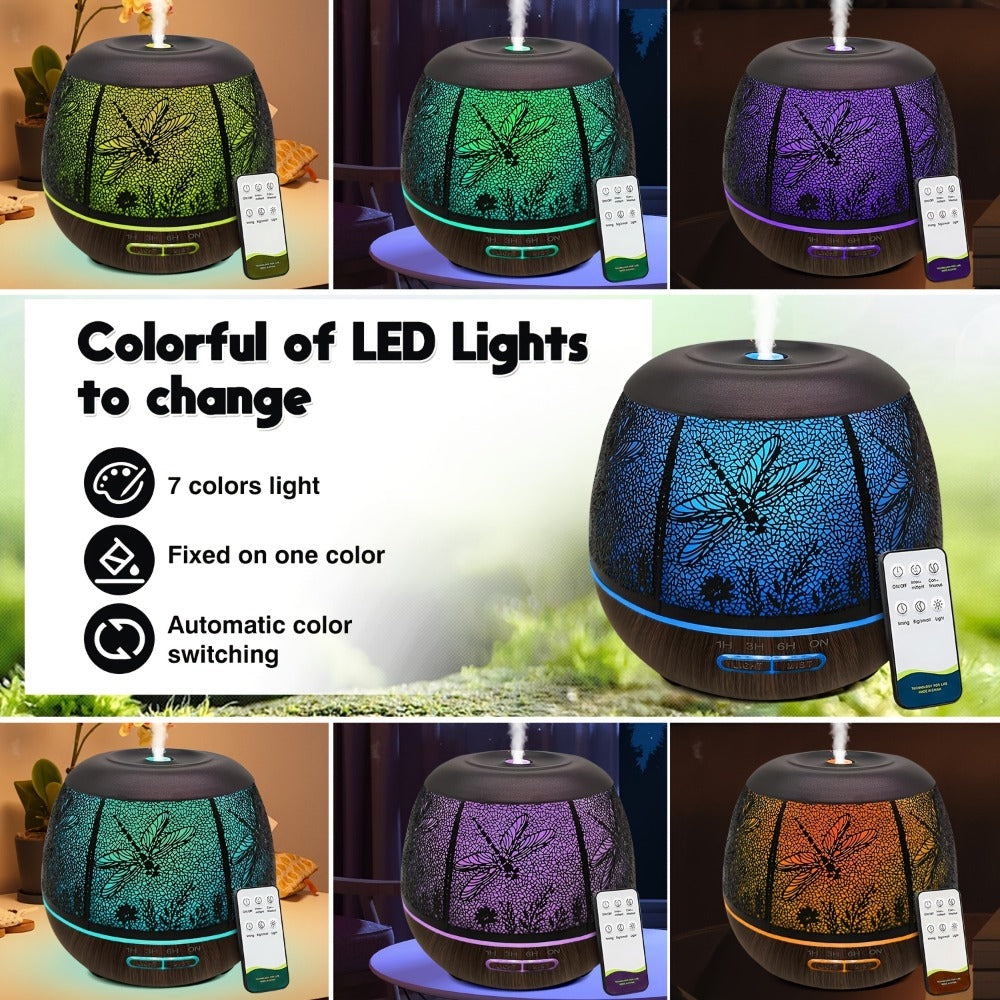 Essential Oil Diffuser 400ml Large Capacity Metal Aromatherapy Diffuser with Remote Control 7 Color LED Light Humidifier for Bedroom Home Decor Gift Owl Skull Dragonfly Design