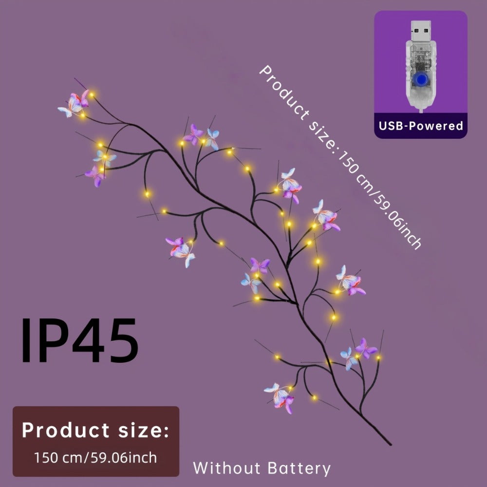 Butterfly Branch String Lights ¨C 30 LED Vine Fairy Lights with Artificial Purple-Blue Butterflies, 8 Lighting Modes, USB Powered Warm White, Boho Wall Decor for Bedroom Wedding Birthday Party Festival