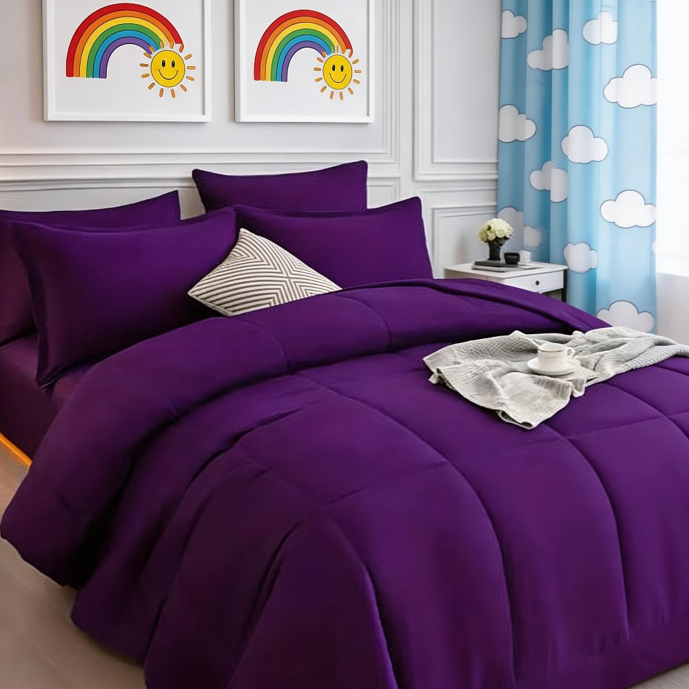 Comforter Set 7 Piece Bed in a Bag Full Queen King Soft Satin-Like Fabric with Fitted Sheet Flat Sheet Pillowcases Breathable Bedding Set for Bedroom Hotel