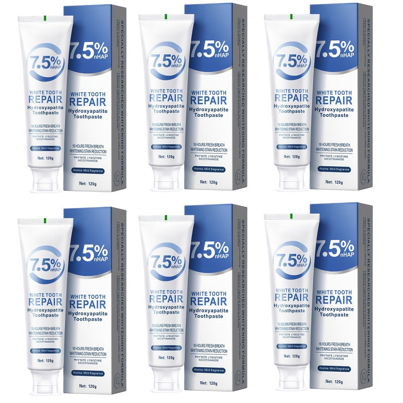 Hydroxyapatite Whitening Toothpaste 6 Pack - 7.5% Nano Deep Cleaning Gentle Non-Irritating Mint Fresh Breath Toothpaste for Sensitive Teeth, Daily Oral Care, Family & Travel Set