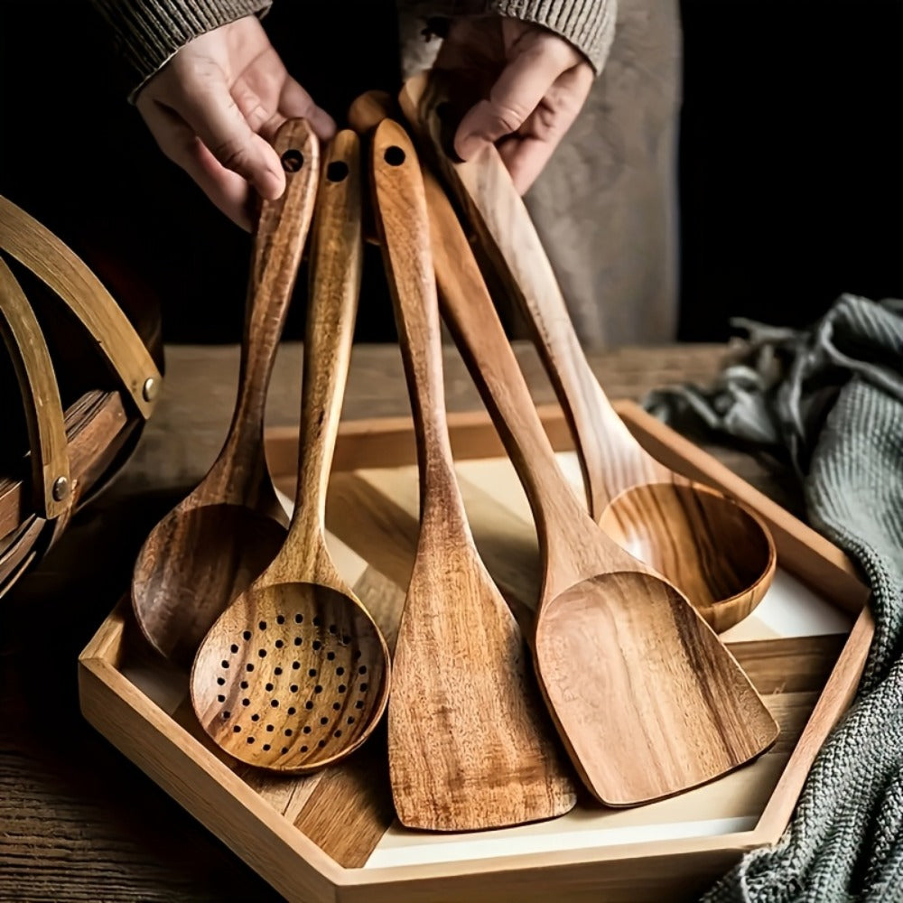 Wooden Kitchen Utensils Set ¨C Natural Wood Spoon Spatula & Wok Spatula with Ergonomic Handle, Heat-Resistant Non-Stick Safe Cooking Tools, Easy to Clean Durable Kitchen Essentials (5 / 6 / 10 Piece Sets)