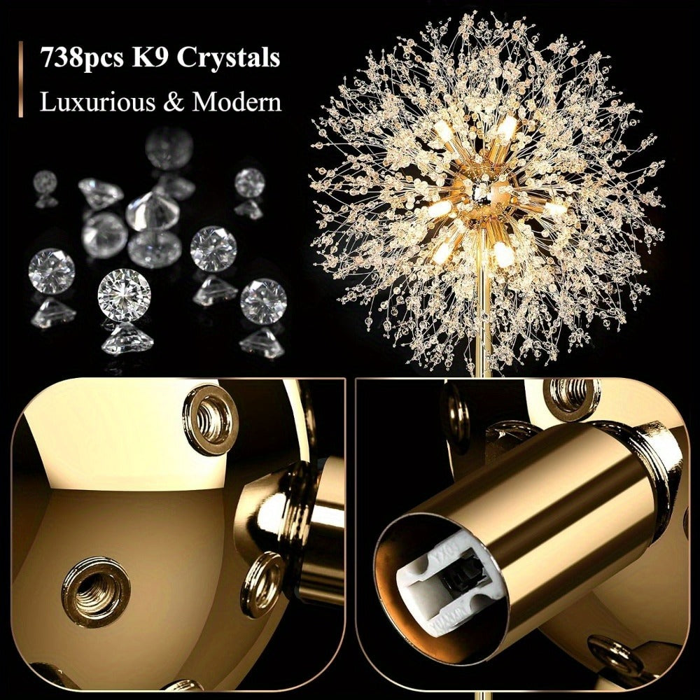 Crystal Floor Lamp Living Room 69 Inch Modern Standing Lamp ¨C 738pcs K9 Crystals, 9 LED Bulbs, Antique Brass & Gold Finish, Tall Pole Light for Bedroom, Office & Mid Century Glam Decor