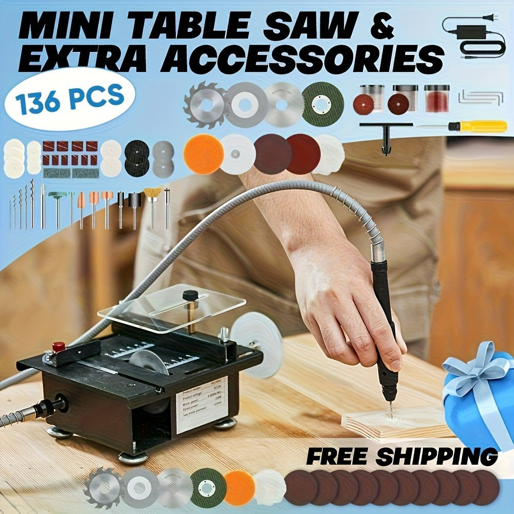 Mini Table Saw Multifunctional Desktop Cutting Machine ¨C 100W Motor, 7-Speed Adjustable, 0¨C90¡ã Angle Cut, 4 Saw Blades Included, Portable DIY Table Saw for Wood, Metal, Plastic, PCB, Acrylic ¨C with Extra Accessories Option