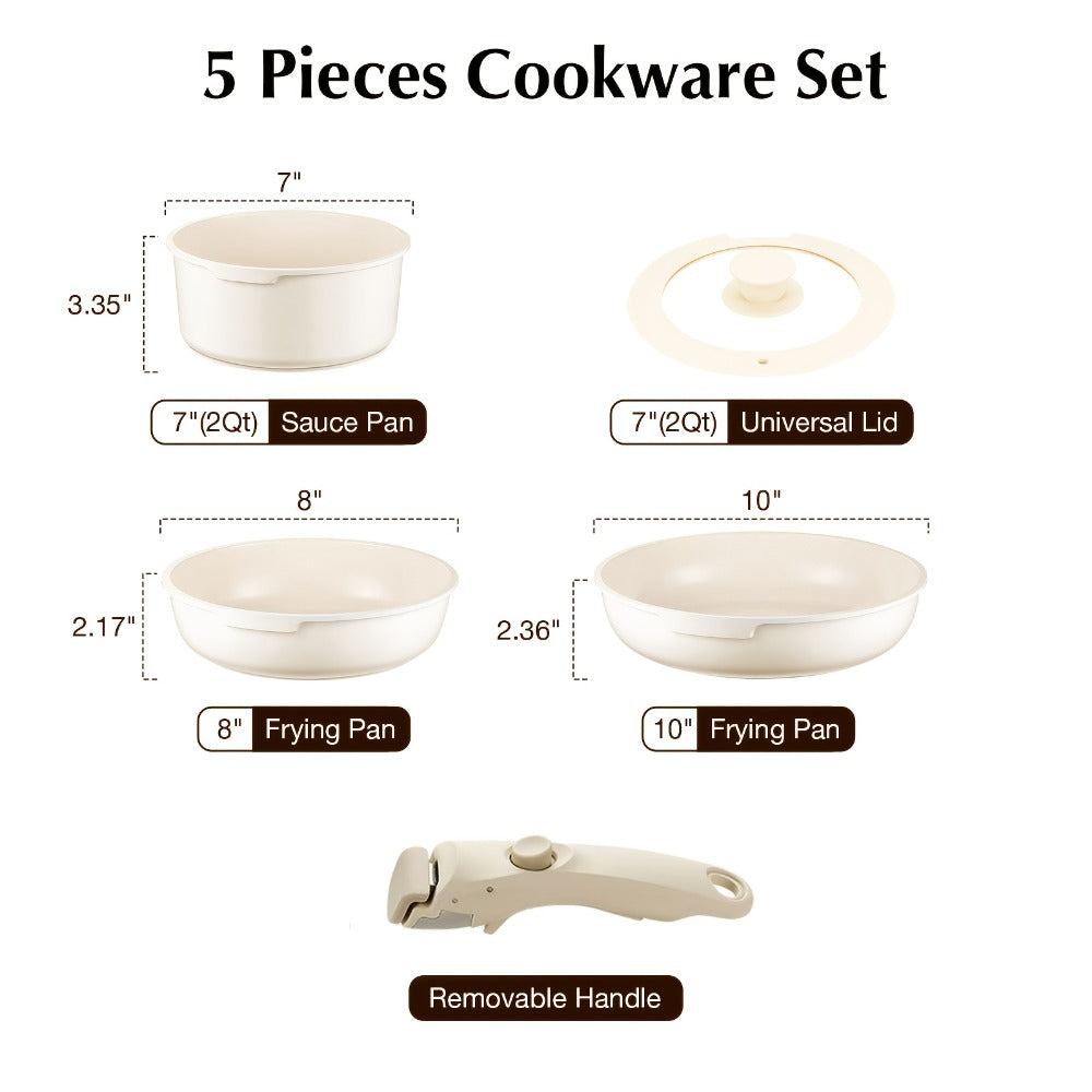 Nonstick Cookware Set 5-Piece Detachable Handle Aluminum Pots and Pans ¨C Space-Saving Stackable Induction Compatible | 8 & 10 Inch Frying Pan Soup Pot Universal Lid | White Pink Beige Coral Pink