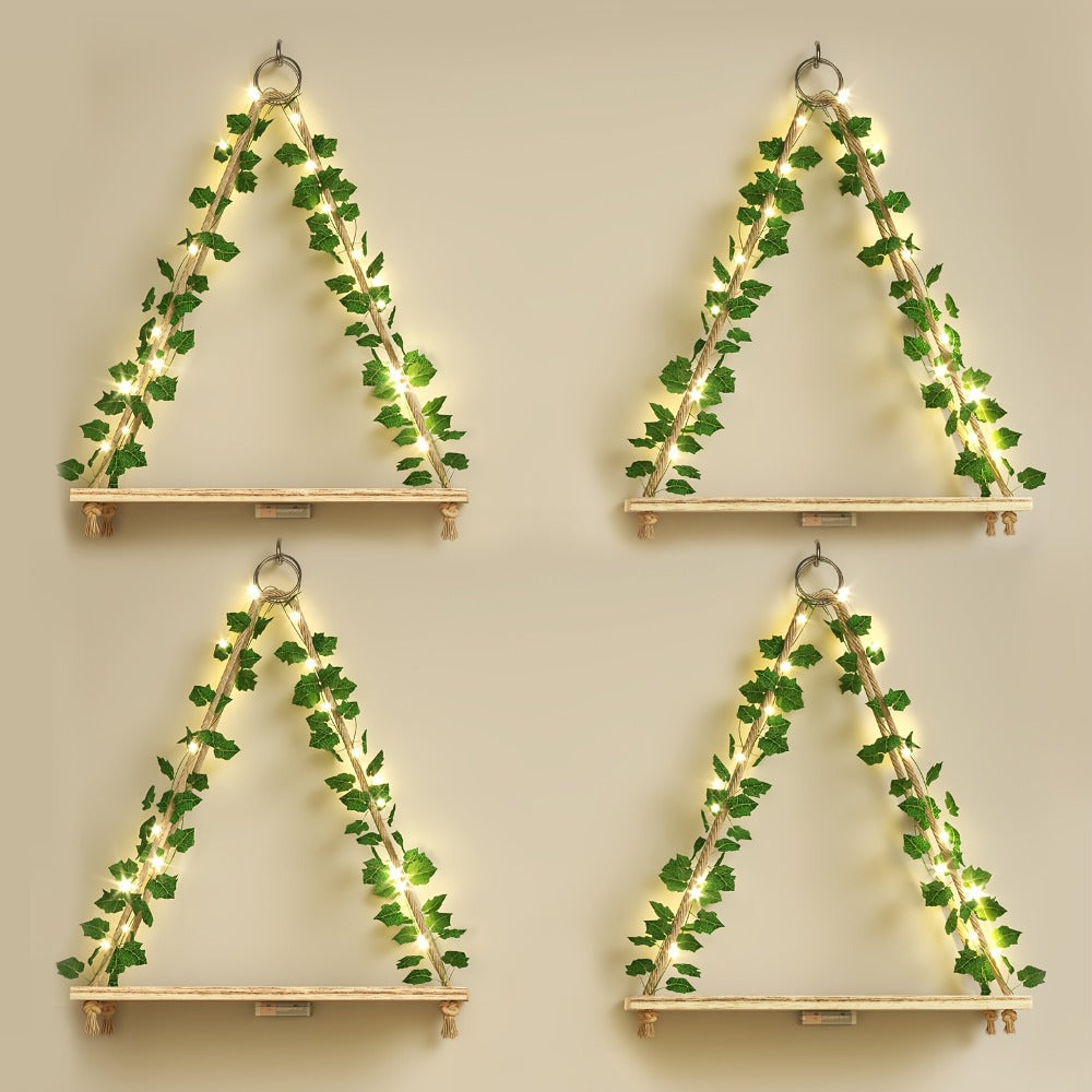 Floating Wall Shelves with Artificial Ivy LED Strip Lights Macrame Boho Wood Hanging Shelf Plant Wall Decor Bedroom Living Room Bathroom 15.7 Inch