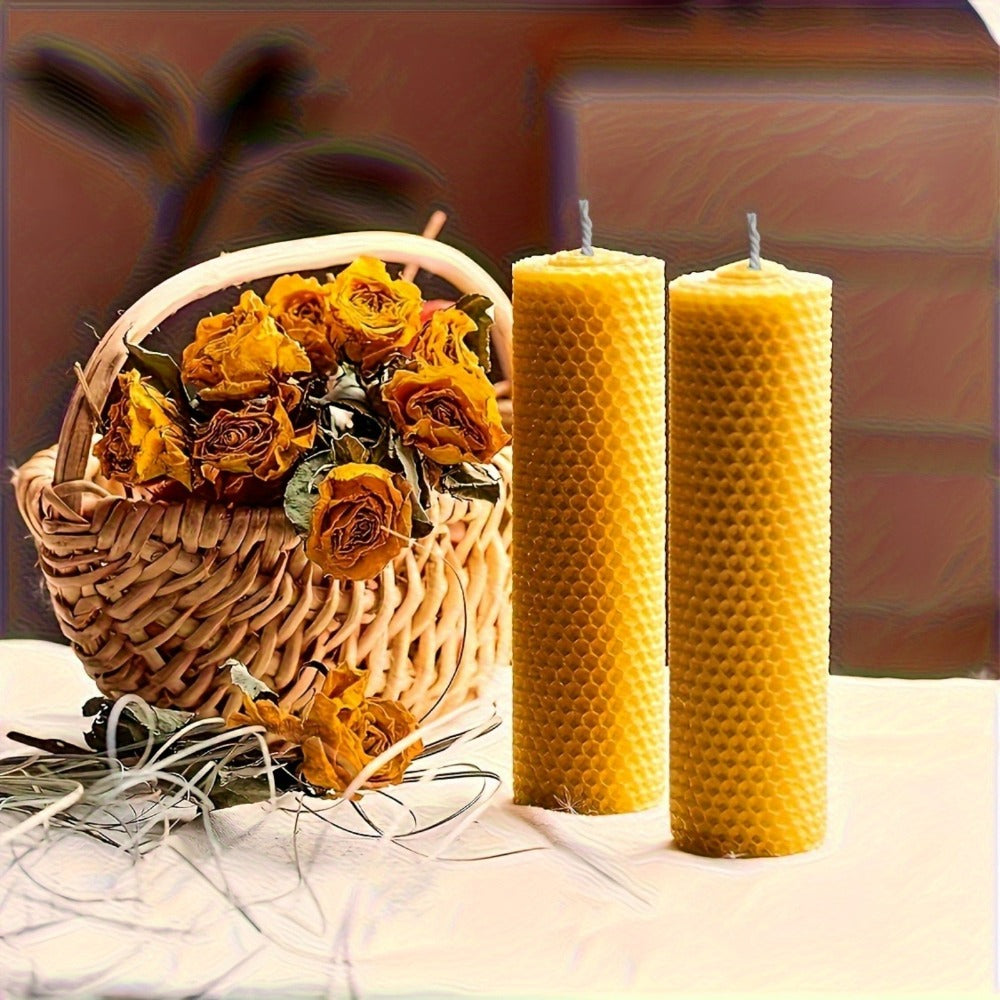 Beeswax Pillar Candles Hand Rolled with Honeycomb Texture ¨C 100% Pure Beeswax, 12+ Hour Burn, Gift Box Set for Home Decor, Christmas, Dinner & Holiday Decorations