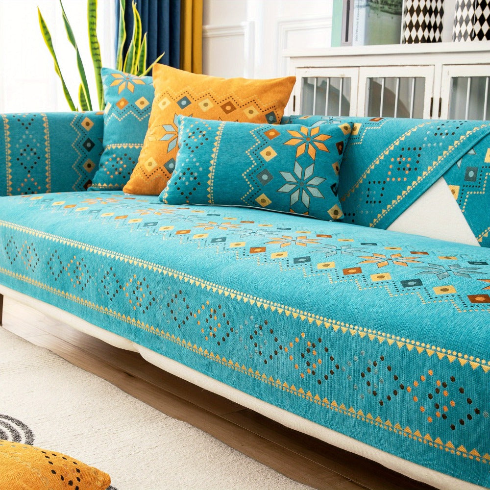 Bohemian Chenille Sofa Cover | Geometric Print Non-Slip Couch Slipcover, Thick Plush Boho Style, 1 to 4 Seat, Armrest & Backrest, Machine Washable, Sectional Sofa Protector
