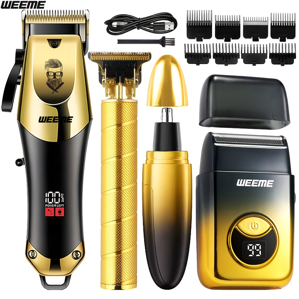 Men's Grooming Kit USB Rechargeable Hair Clipper Set with Nose Trimmer Electric Shaver Detail Trimmer 8 Limit Combs Professional Haircut Kit Father's Day Christmas Gift Gold
