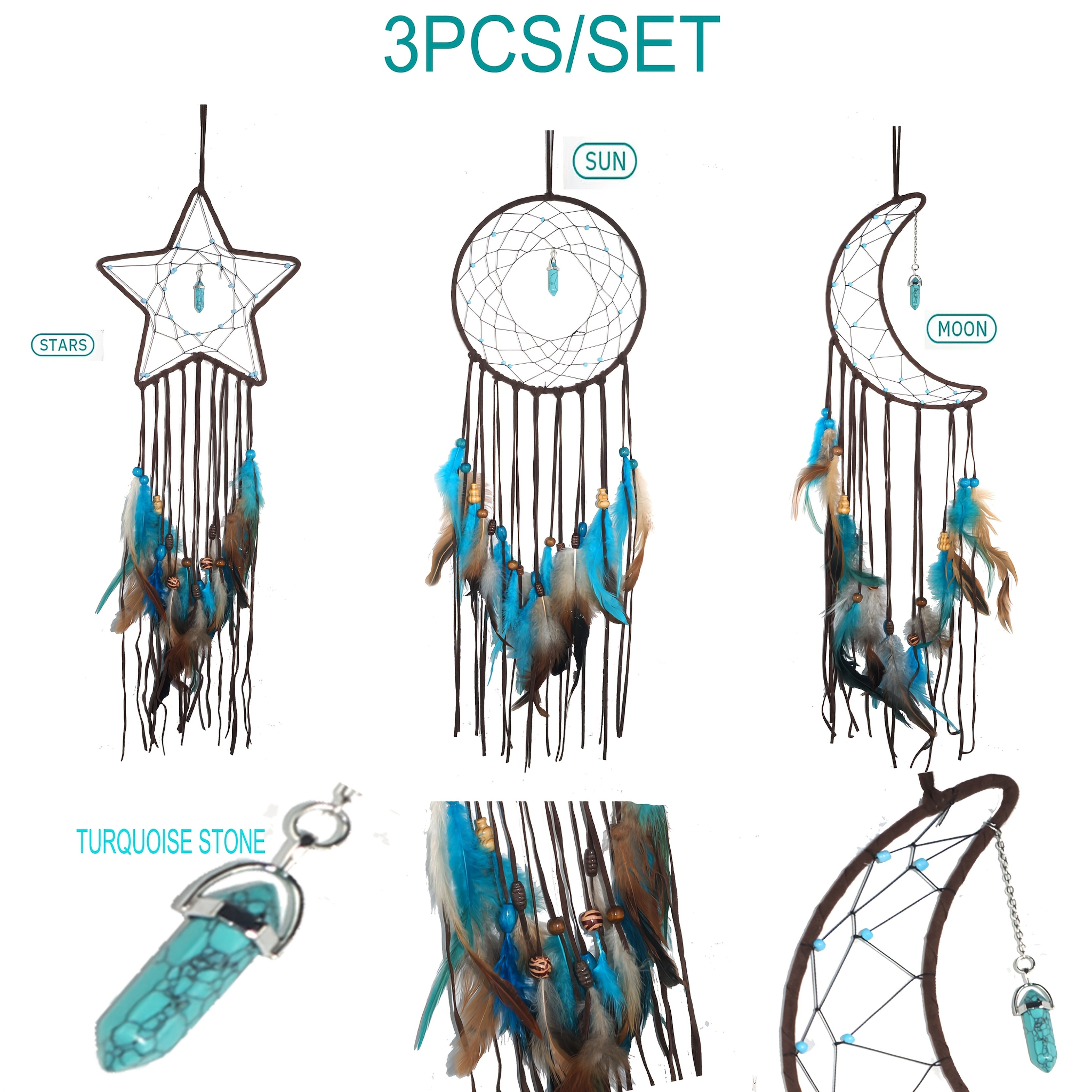 Dream Catcher Set of 3 - Moon Sun Star Wall Hanging Decor for Bedroom, Boho Room Decor for Teen Girls Kids, Princess Bedroom Decoration, 8 Inch Metal Hoop, Pink White Black Brown, Nursery Wall Art Gift