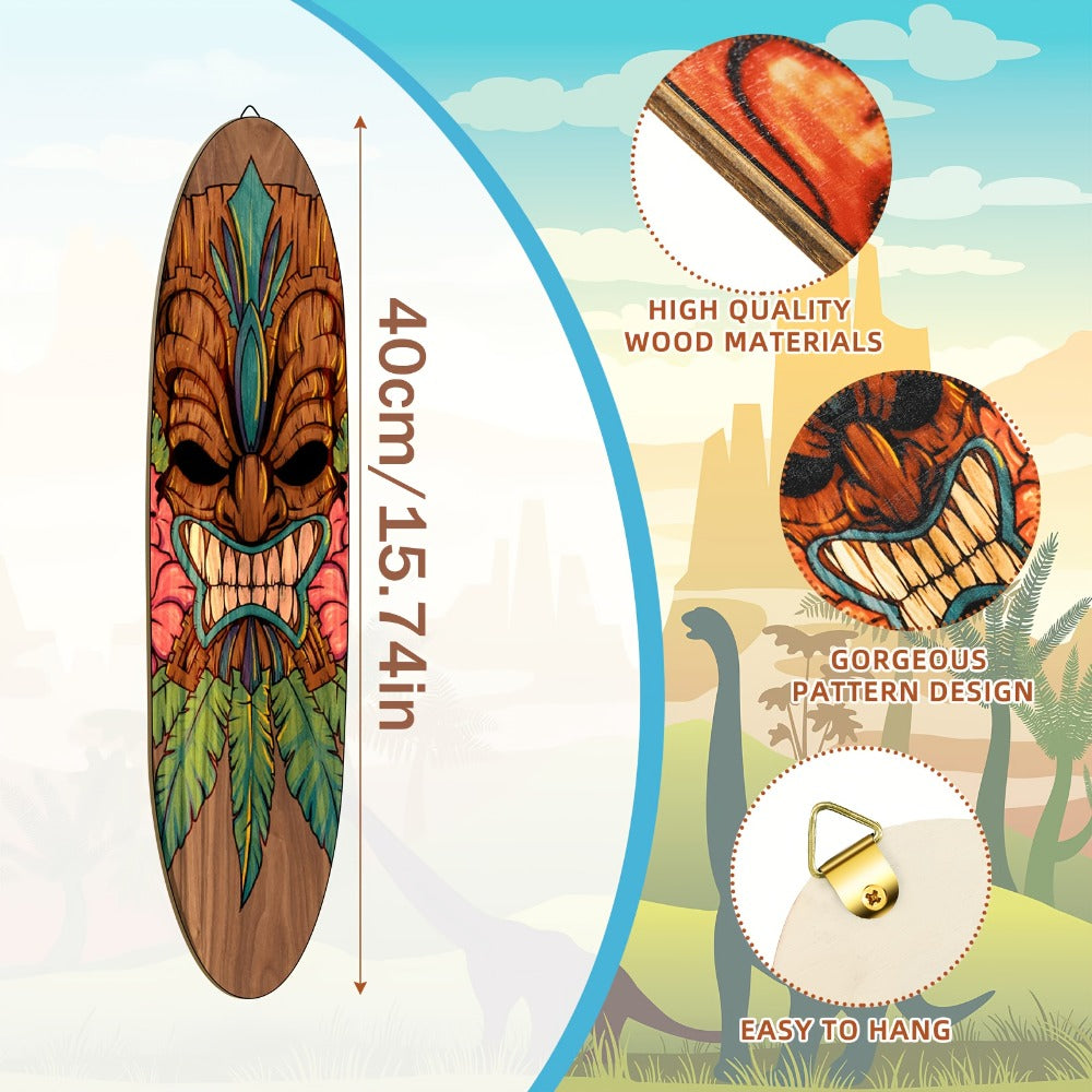 Wooden Surfboard Wall Art 15.74¡± ¨C Rustic Tropical Beach Decor with Hibiscus & Tiki Mask Design, Frameless Recycled Wood Wall Hanging for Hawaiian Bar, Home, Summer & Vacation Theme Decor