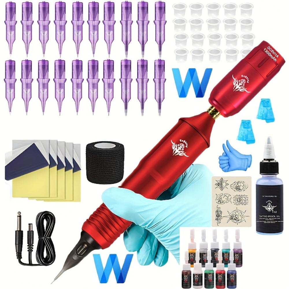 Rotary Tattoo Machine Kit 67pcs ¨C Complete Wireless Tattoo Pen Set with Cartridge Needles, Power Supply, Practice Skin, Inks & Transfer Paper for Beginners & Artists