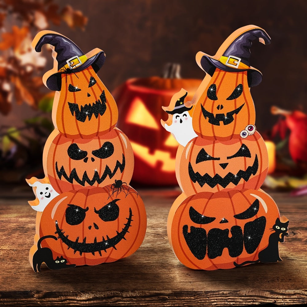 Halloween Tiered Tray Decor Set of 2 ¨C Glittery Wooden Pumpkin Stack with Witch Hat, Spooky Centerpiece for Autumn & Fall Home Decoration, Halloween Tabletop Ornament & Seasonal Tiered Tray Accessory
