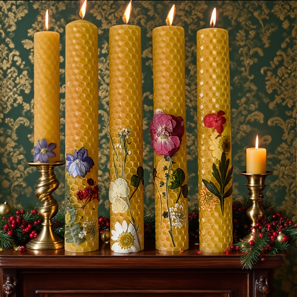 Floral Cone Candle Holders Set of 4 ¨C 10-Inch Decorative Beeswax Taper Candles for Holiday Parties, Valentine's Day & Mother's Day Gifting