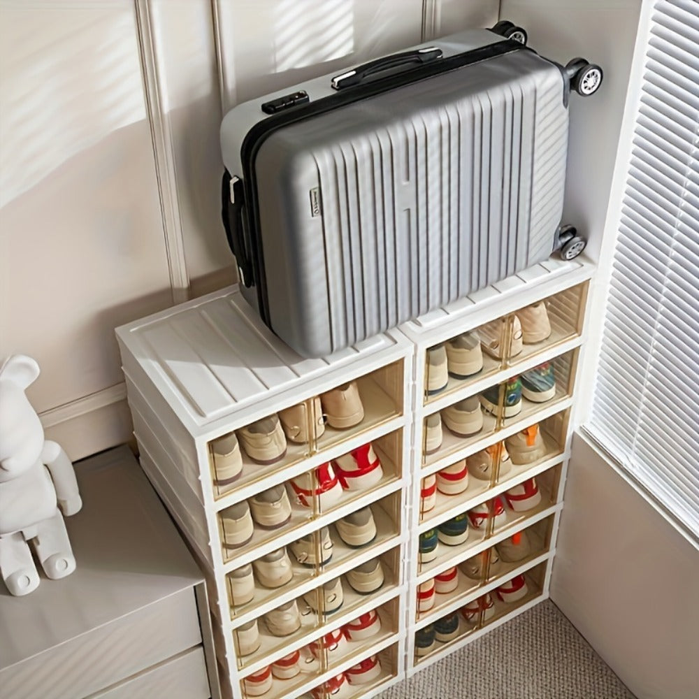 Shoe Rack Organizer 9-Tier, Collapsible Clear Plastic Foldable Stackable Shoe Cabinet with Shelves & Doors ¡ª No Assembly, Space-Saving Narrow Storage for Hallway, Apartment & Small Spaces