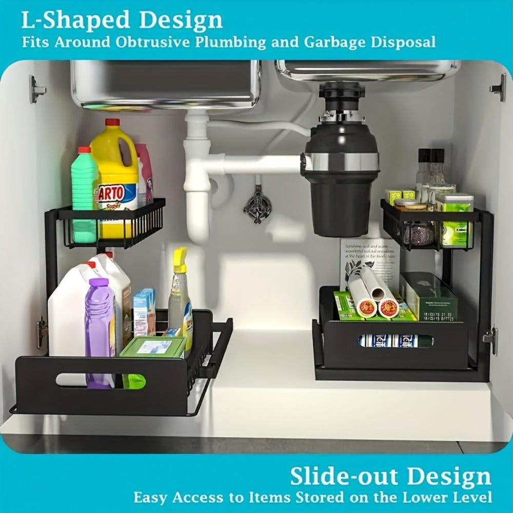 Under Sink Organizer Pull Out, 2-Tier Slide Out Cabinet Organizer with Adjustable Shelves, Under Sink Storage Rack for Kitchen Bathroom Cabinet Organization