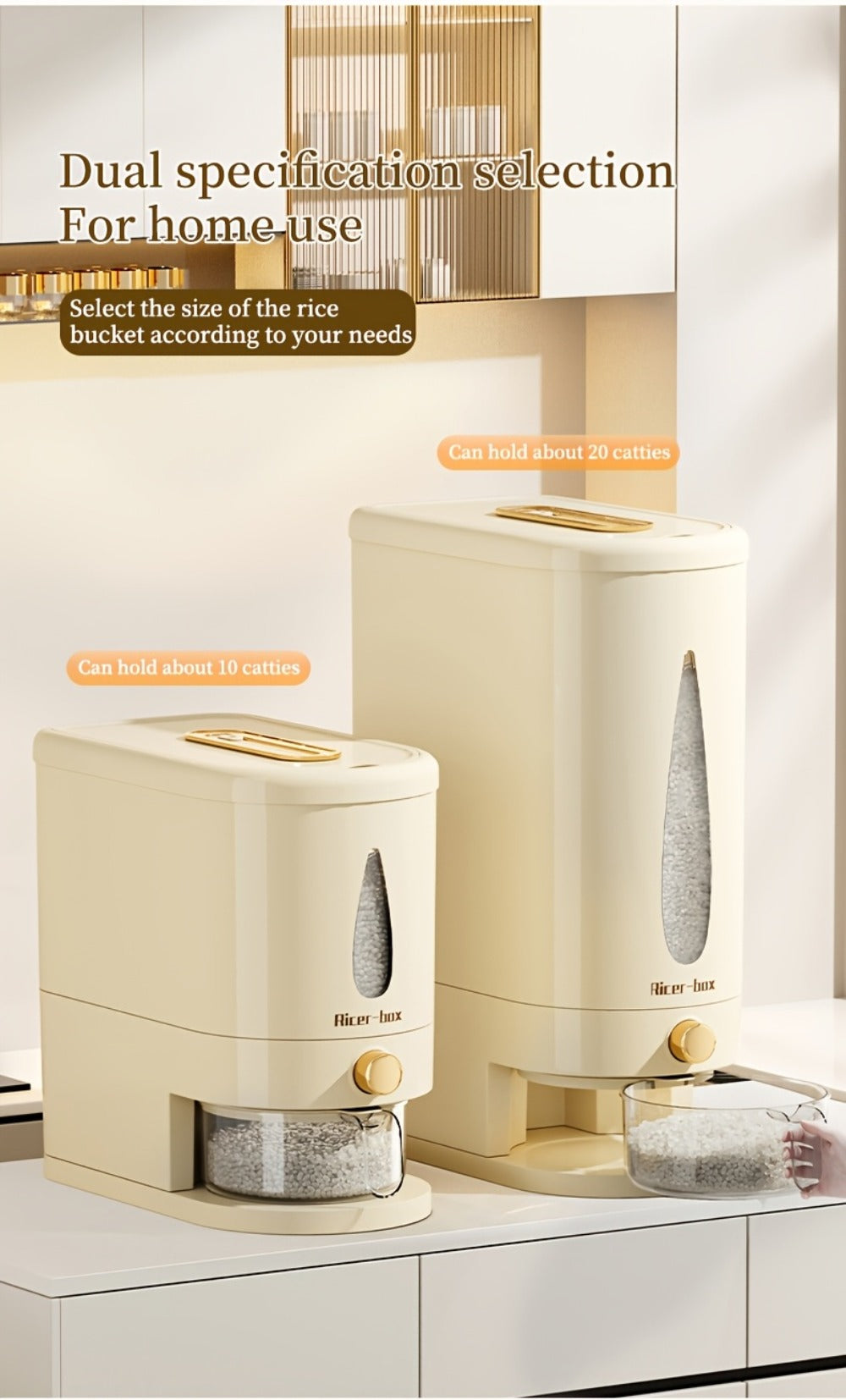 Rice Dispenser Storage Container Press Type Measuring Cup Moisture-Proof Sealed Grain Bin - Large Capacity Airtight Rice Storage Box for Rice Coffee Beans Flour Legumes Pet Food Kitchen Pantry Organizer