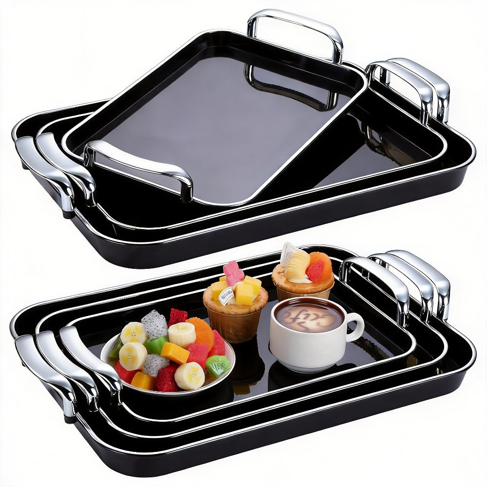 3-Piece Rectangular Serving Tray Set with Handles ¨C Plastic Food Trays for Parties, Dinners & Gatherings, 16.5/15/13.2 Inch Nested Trays for Turkey, Cake, Cheese, Fruit & Appetizers