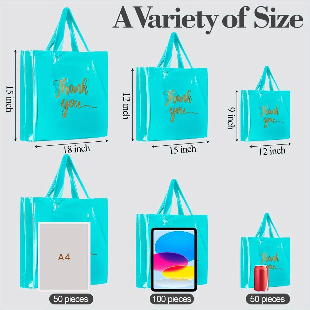 Thank You Bags with Handles 200pcs Bulk Plastic Shopping Bags 3 Sizes Retail Boutique Merchandise Bags Sky Blue 9x12 12x15 15x18